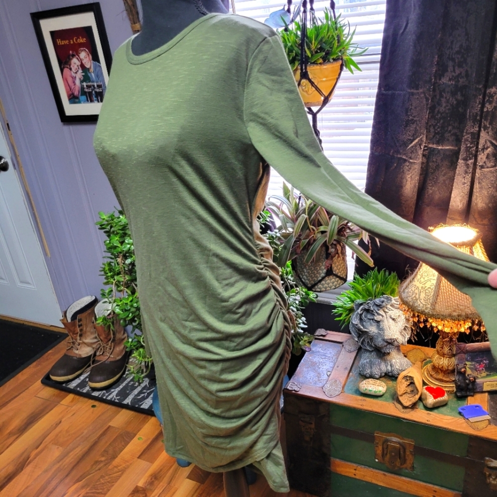 Bodycon womens ruched olive green dress size large long sleeves